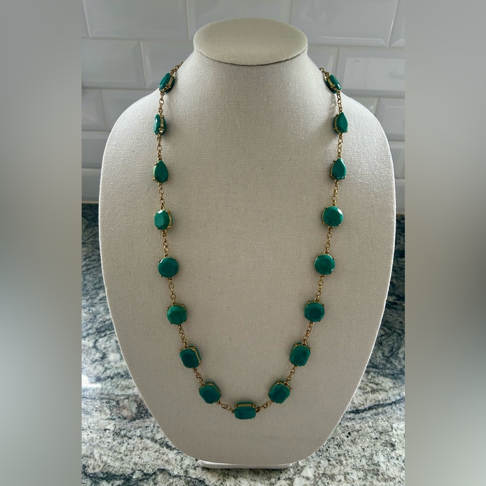 EUC RARE Kate Spade Gold Plated Necklace with Green Faceted Accents. 27 to 32”
